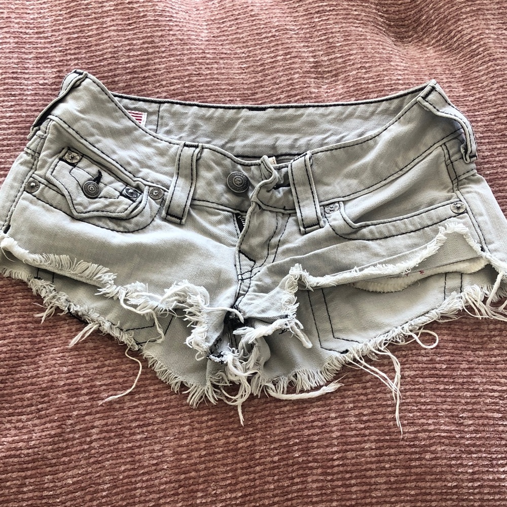 True Religion Frayed Light Gray Denim Joey Cutoff Shorts 24